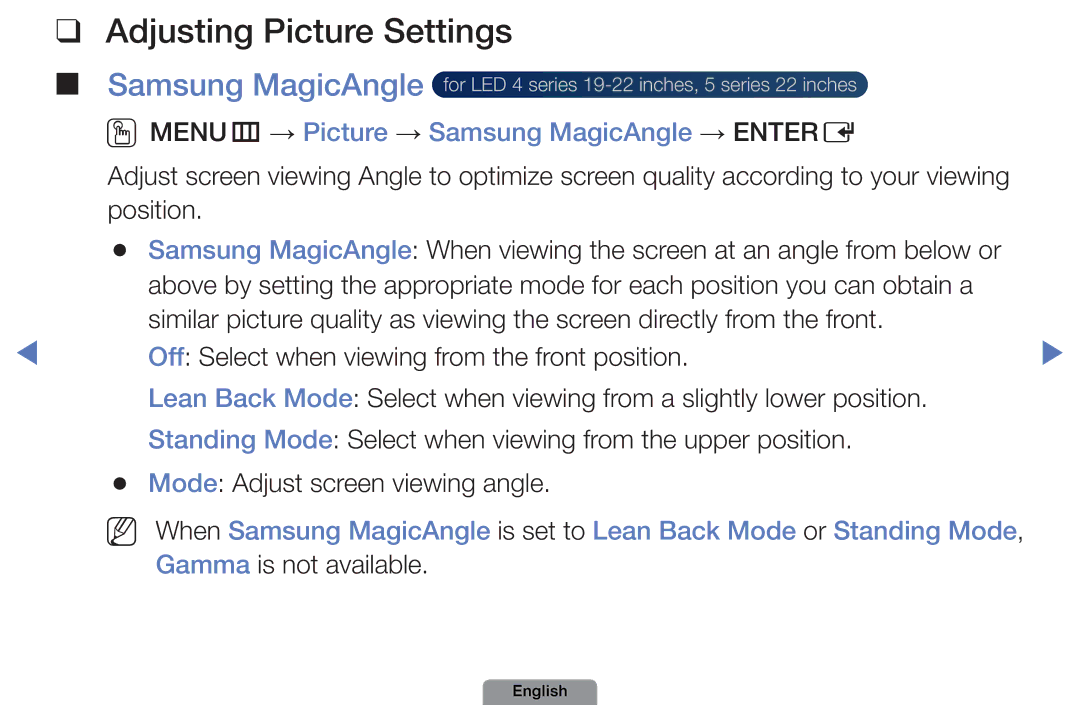 Samsung UA32D4003BWXSH, UE22D5003BWXXN manual Adjusting Picture Settings, OOMENUm → Picture → Samsung MagicAngle → Entere 