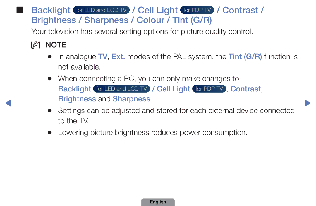 Samsung UE22D5003BWXXH, UE22D5003BWXXN, UE32D4003BWXXH manual Backlight Cell Light Contrast, Brightness and Sharpness 