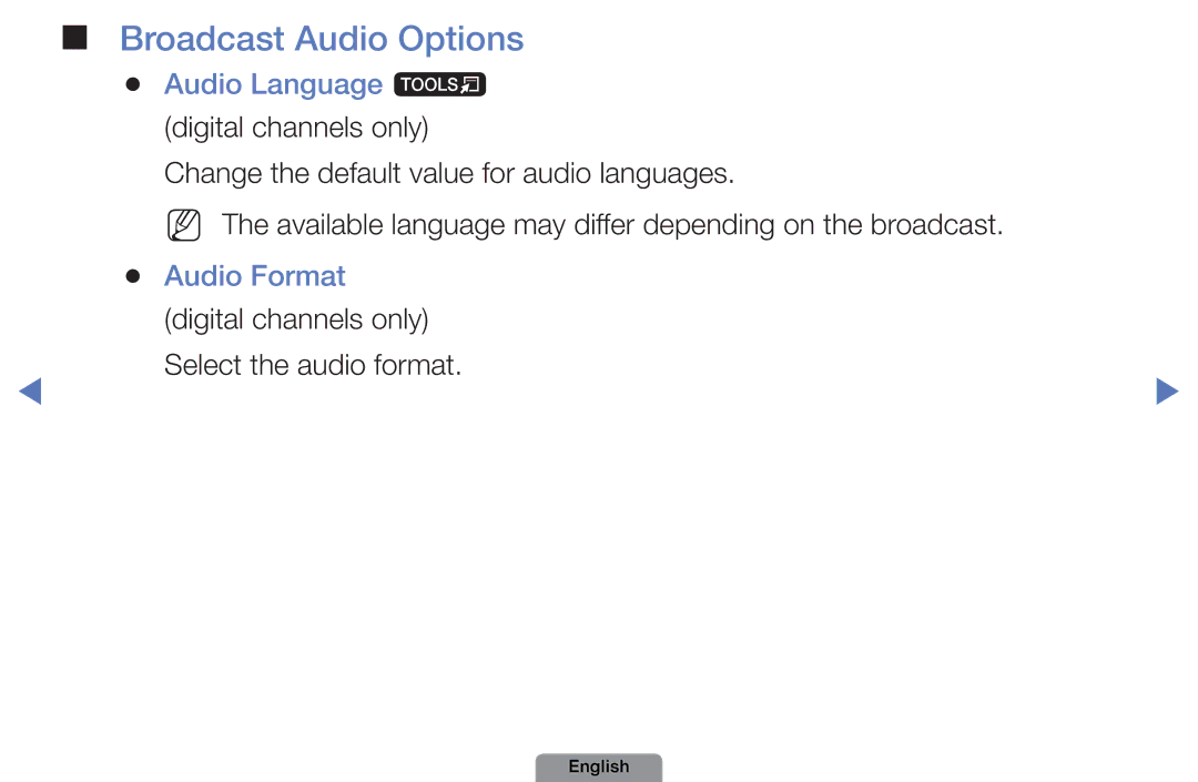 Samsung UE22D5003BWXRU, UE22D5003BWXXN manual Broadcast Audio Options, Audio Language t digital channels only, Audio Format 
