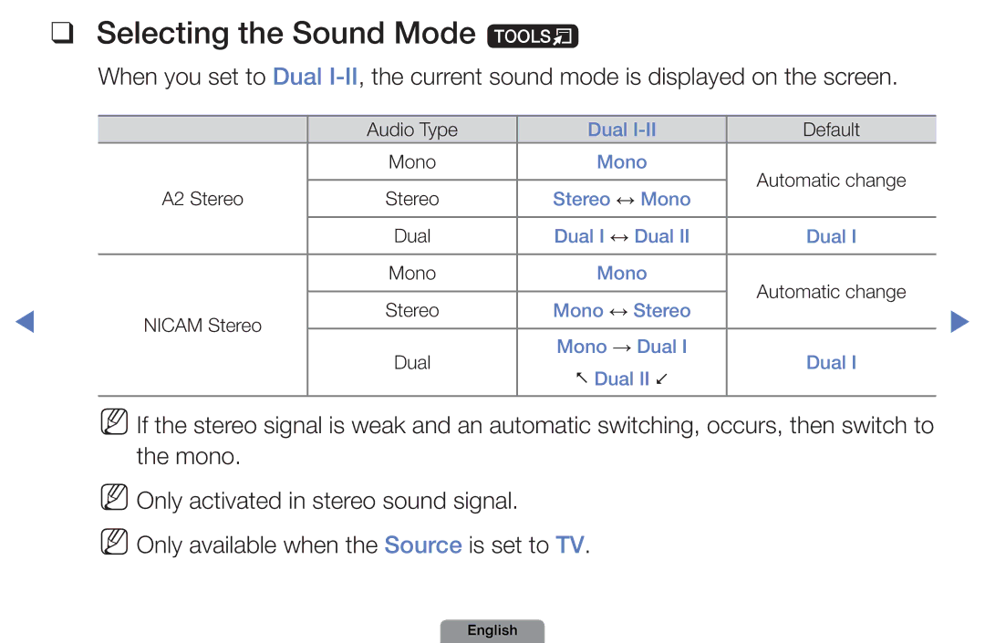 Samsung UE32D4003BWXTK, UE22D5003BWXXN, UE32D4003BWXXH, UE26D4003BWXZG, UE26D4003BWXXN manual Selecting the Sound Mode t 