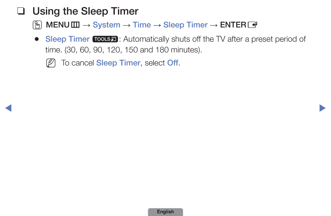 Samsung UE40D5003BWXZG, UE22D5003BWXXN manual Using the Sleep Timer, OOMENUm → System → Time → Sleep Timer → Entere 