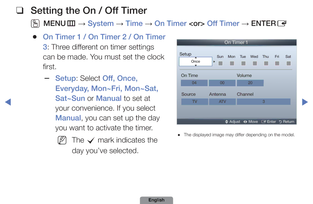 Samsung UE40D5003BWXXH, UE22D5003BWXXN manual Setting the On / Off Timer, Setup Select Off, Once, Everyday, Mon~Fri, Mon~Sat 