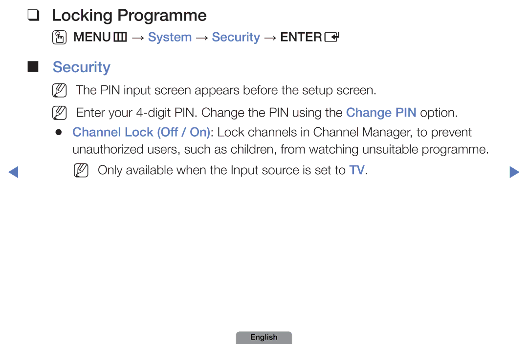 Samsung UE32D4003BWXXC, UE22D5003BWXXN, UE32D4003BWXXH manual Locking Programme, OOMENUm → System → Security → Entere 
