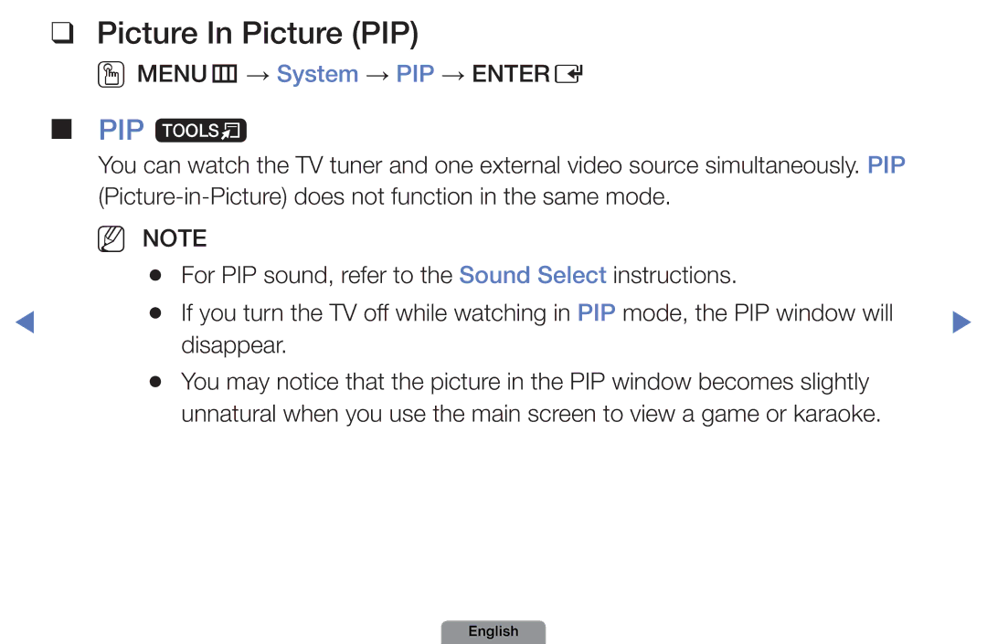 Samsung UE32D4003BWXXN, UE22D5003BWXXN, UE32D4003BWXXH, UE26D4003BWXZG, UE32D4003BWXTK manual Picture In Picture PIP, PIP t 