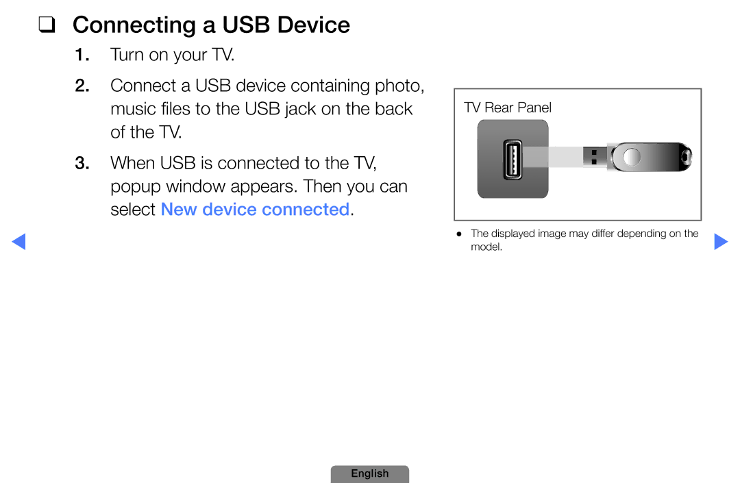 Samsung UE40D5004BWXXE, UE22D5003BWXXN, UE32D4003BWXXH, UE26D4003BWXZG, UE32D4003BWXTK, UE26D4003BWXXN Connecting a USB Device 