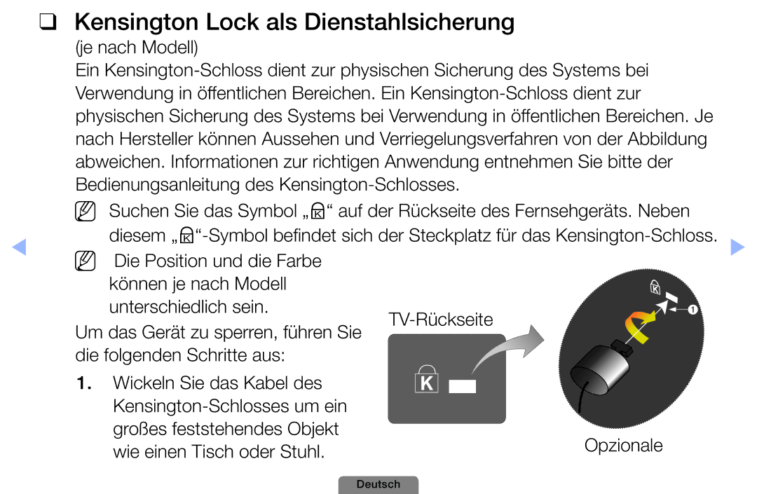 Samsung UE40D5003BWXXN, UE22D5003BWXXN, UE32D4003BWXXH, UE26D4003BWXZG, UE32D4003BWXTK Kensington Lock als Dienstahlsicherung 