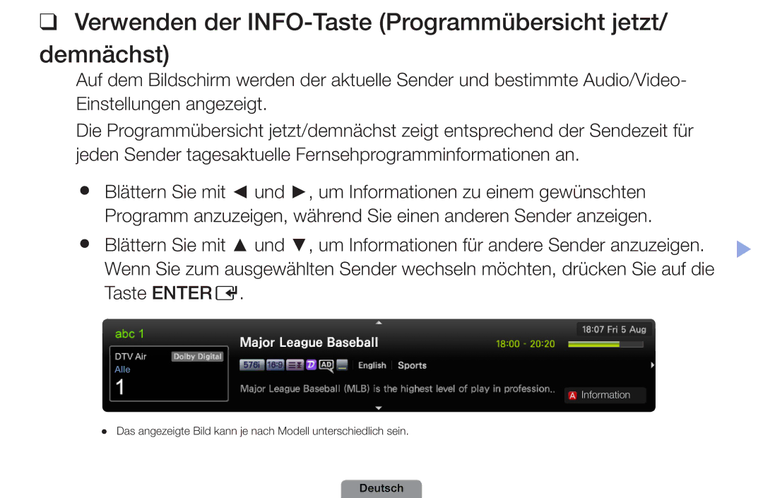 Samsung UE32D4003BWXTK, UE22D5003BWXXN, UE32D4003BWXXH manual Verwenden der INFO-Taste Programmübersicht jetzt/ demnächst 