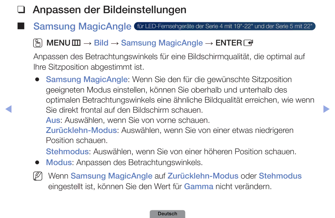 Samsung UE26D4003BWXXC, UE22D5003BWXXN manual Anpassen der Bildeinstellungen, OOMENUm → Bild → Samsung MagicAngle → Entere 