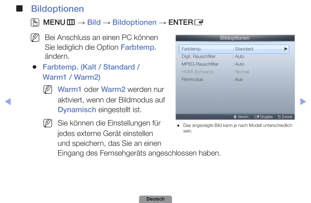 Samsung UE40D5003BWXXH manual OOMENUm → Bild → Bildoptionen → Entere, Farbtemp. Kalt / Standard, Warm1 / Warm2 