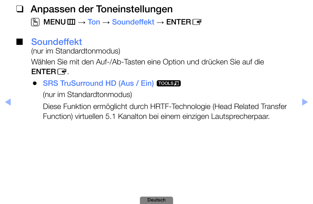 Samsung UE22D5003BWXXC, UE22D5003BWXXN manual Anpassen der Toneinstellungen, OOMENUm → Ton → Soundeffekt → Entere 