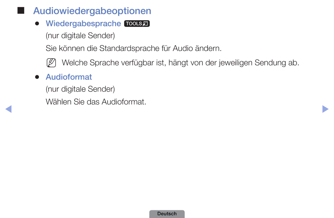 Samsung UE26D4003BWXXC, UE22D5003BWXXN manual Audiowiedergabeoptionen, Wiedergabesprache t nur digitale Sender, Audioformat 