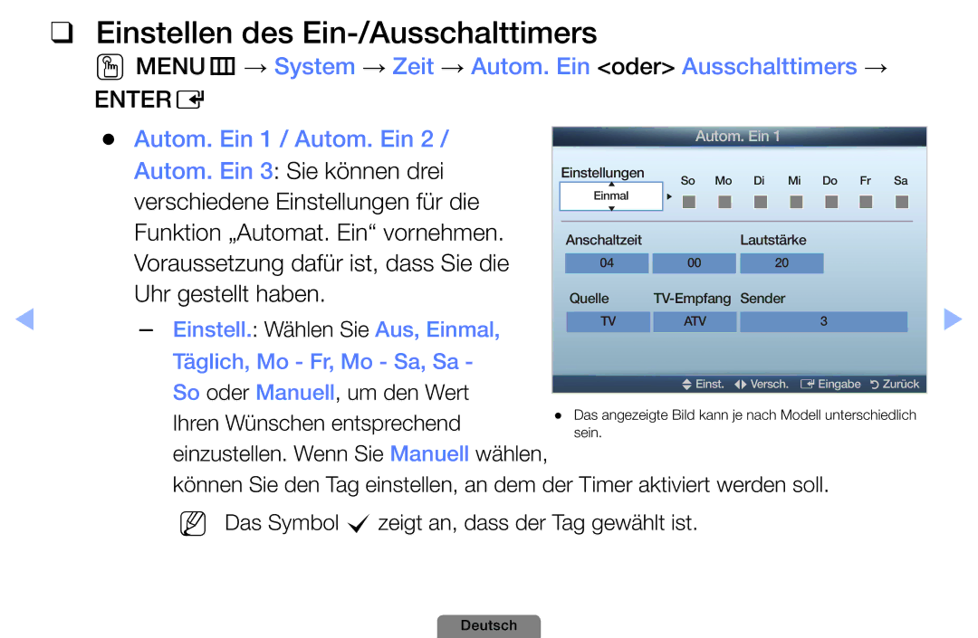 Samsung UE40D5003BWXXN Einstellen des Ein-/Ausschalttimers, OOMENUm → System → Zeit → Autom. Ein oder Ausschalttimers → 