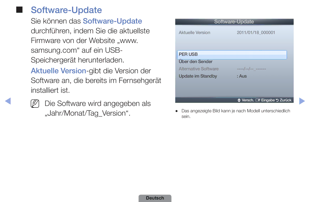 Samsung UE26D4003BWXZG, UE22D5003BWXXN manual Software-Update, NN Die Software wird angegeben als „Jahr/Monat/TagVersion 