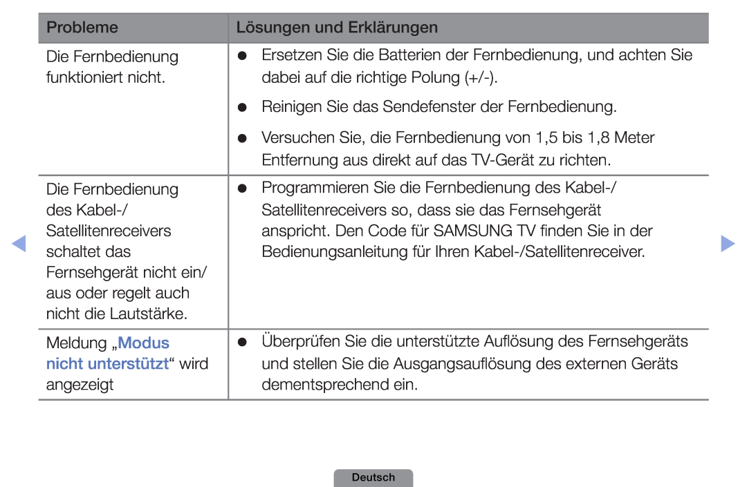 Samsung UE40D5003BWXXN manual nicht unterstützt“ wird, Ersetzen Sie die Batterien der Fernbedienung, und achten Sie 