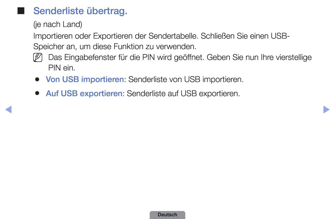 Samsung UE22D5003BWXXC Senderliste übertrag, je nach Land, Von USB importieren Senderliste von USB importieren, Deutsch 