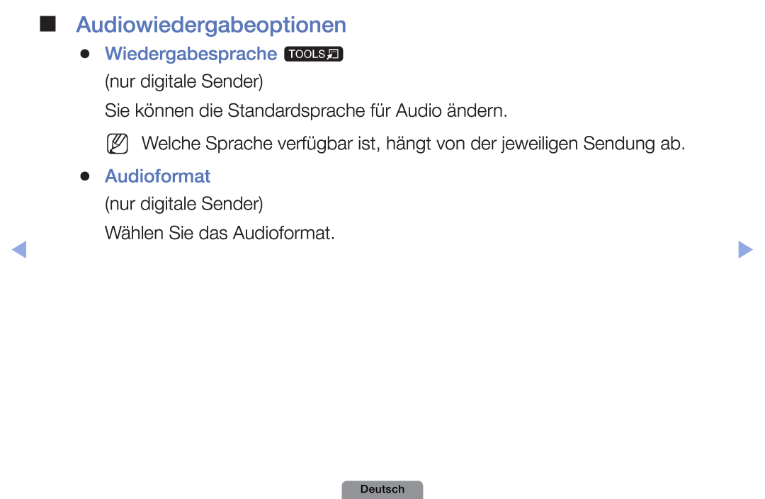 Samsung UE26D4003BWXXC manual Audiowiedergabeoptionen, Wiedergabesprache t nur digitale Sender, Audioformat, Deutsch 