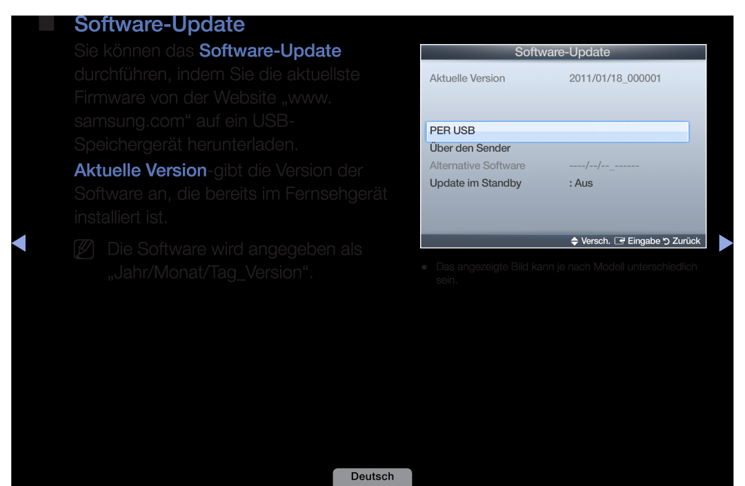 Samsung UE26D4003BWXZG Software-Update, Aktuelle Version, 2011/01/18000001, Per Usb, Über den Sender, Alternative Software 