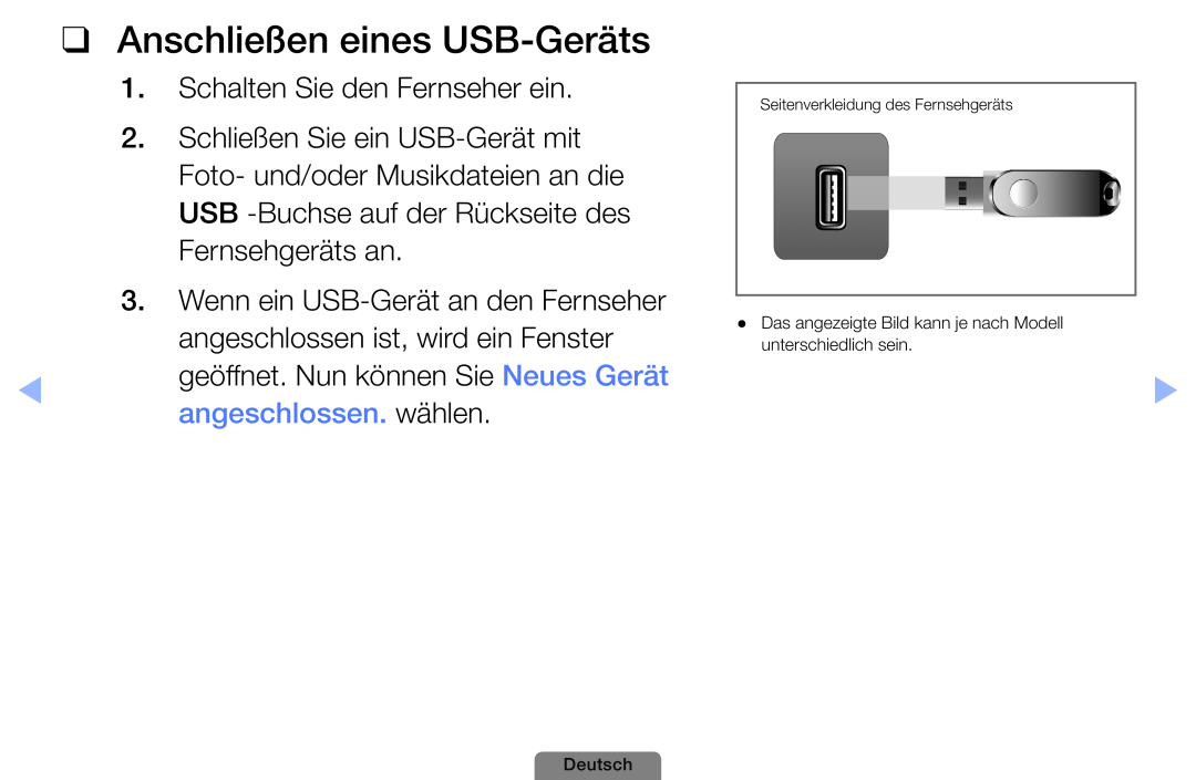 Samsung UE40D5003BWXXH Anschließen eines USB-Geräts, angeschlossen. wählen, Deutsch, Seitenverkleidung des Fernsehgeräts 
