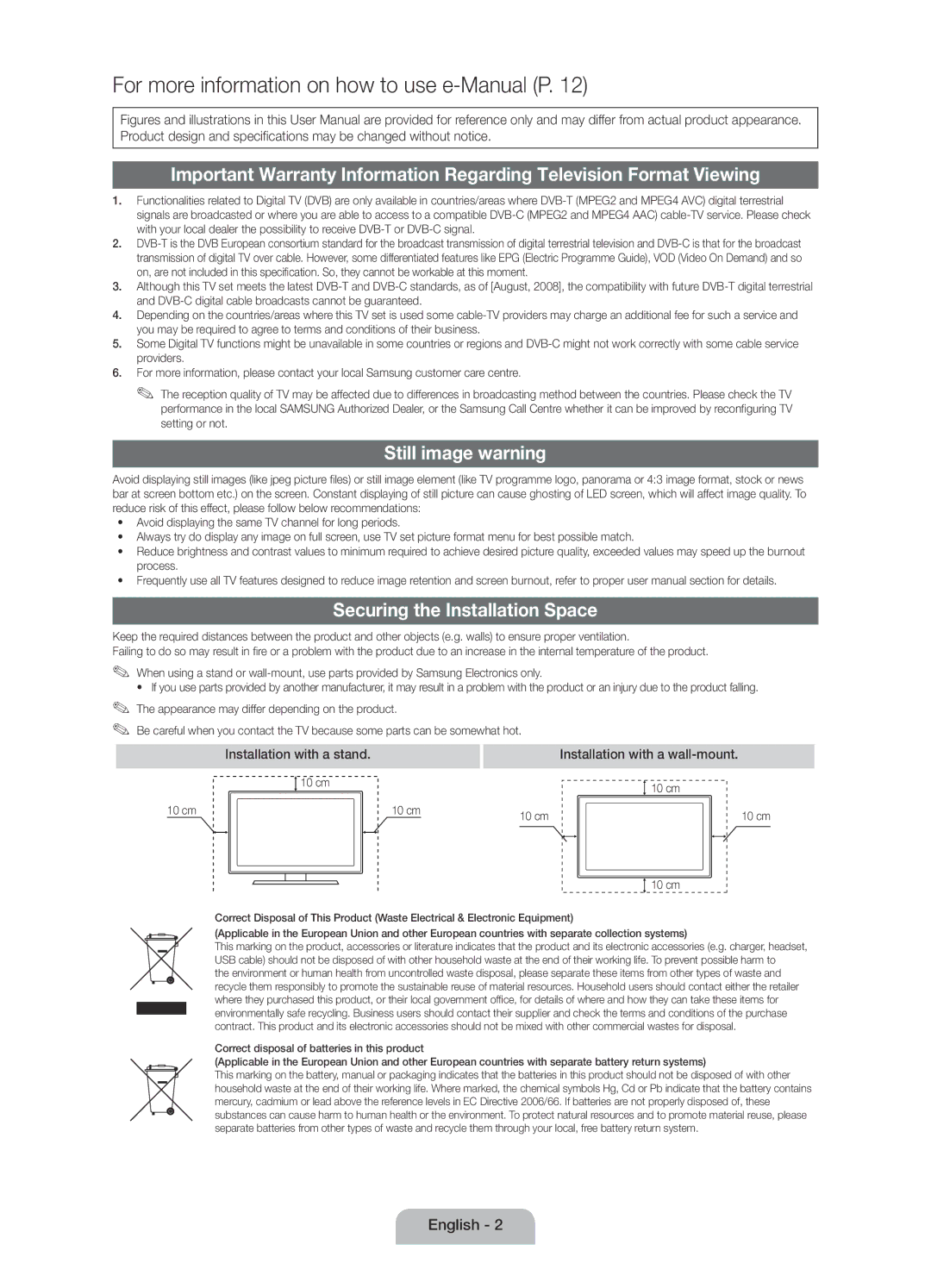 Samsung UE22D5015NWXXE manual Still image warning, Securing the Installation Space, Installation with a stand, 10 cm 