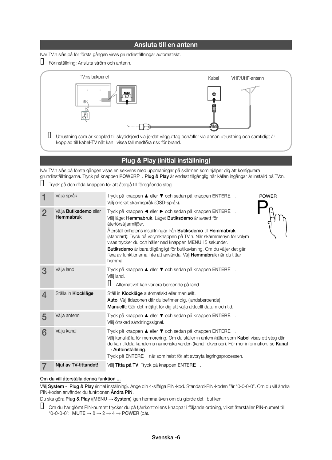 Samsung UE22D5015NWXXE manual Ansluta till en antenn, Plug & Play initial inställning, Hemmabruk, → Autoinställning 