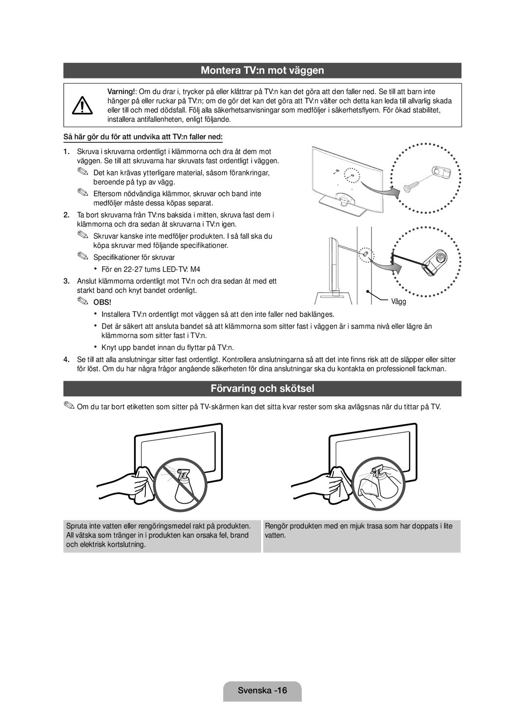 Samsung UE22D5005NWXXE, UE27D5005NWXXE, UE22D5015NWXXE, UE27D5015NWXXE manual Montera TVn mot väggen, Förvaring och skötsel 