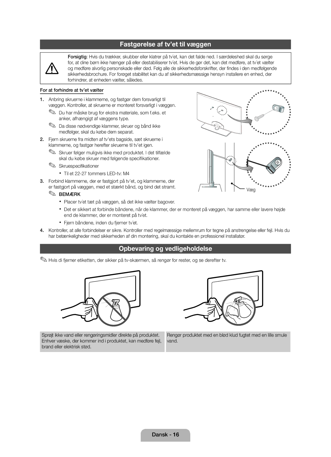 Samsung UE22D5005NWXXE Fastgørelse af tv’et til væggen, Opbevaring og vedligeholdelse, Anker, afhængigt af væggens type 