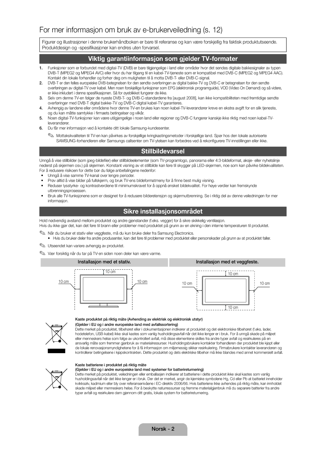 Samsung UE22D5015NWXXE Viktig garantiinformasjon som gjelder TV-formater, Stillbildevarsel, Sikre installasjonsområdet 