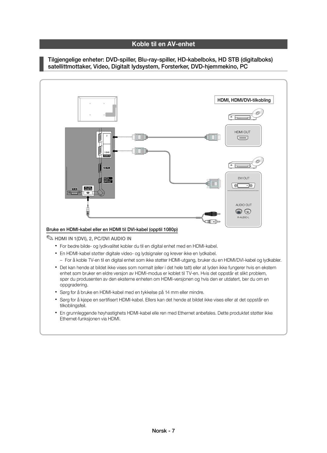 Samsung UE27D5015NWXXE, UE22D5005NWXXE, UE27D5005NWXXE, UE22D5015NWXXE manual Koble til en AV-enhet, HDMI, HDMI/DVI-tilkobling 