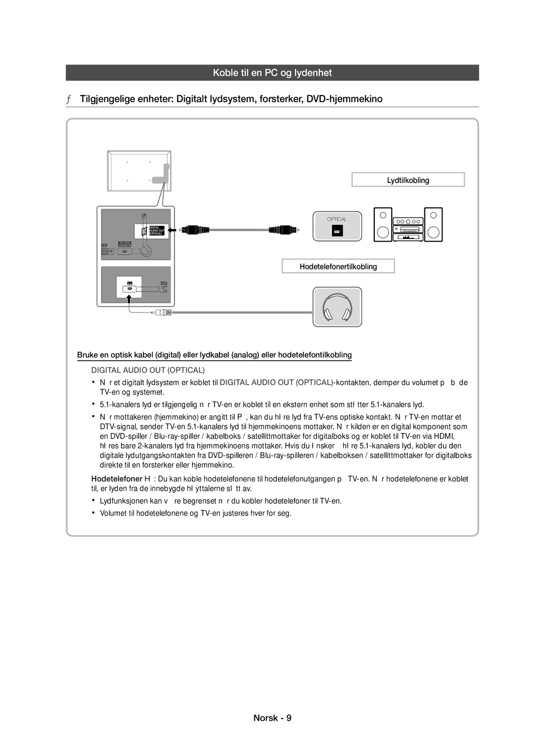 Samsung UE27D5005NWXXE, UE22D5005NWXXE, UE22D5015NWXXE, UE27D5015NWXXE manual Koble til en PC og lydenhet, Lydtilkobling 