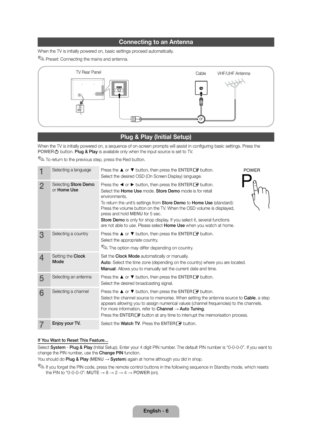 Samsung UE22D5015NWXXE, UE22D5005NWXXE, UE27D5005NWXXE Connecting to an Antenna, Plug & Play Initial Setup, Or Home Use 