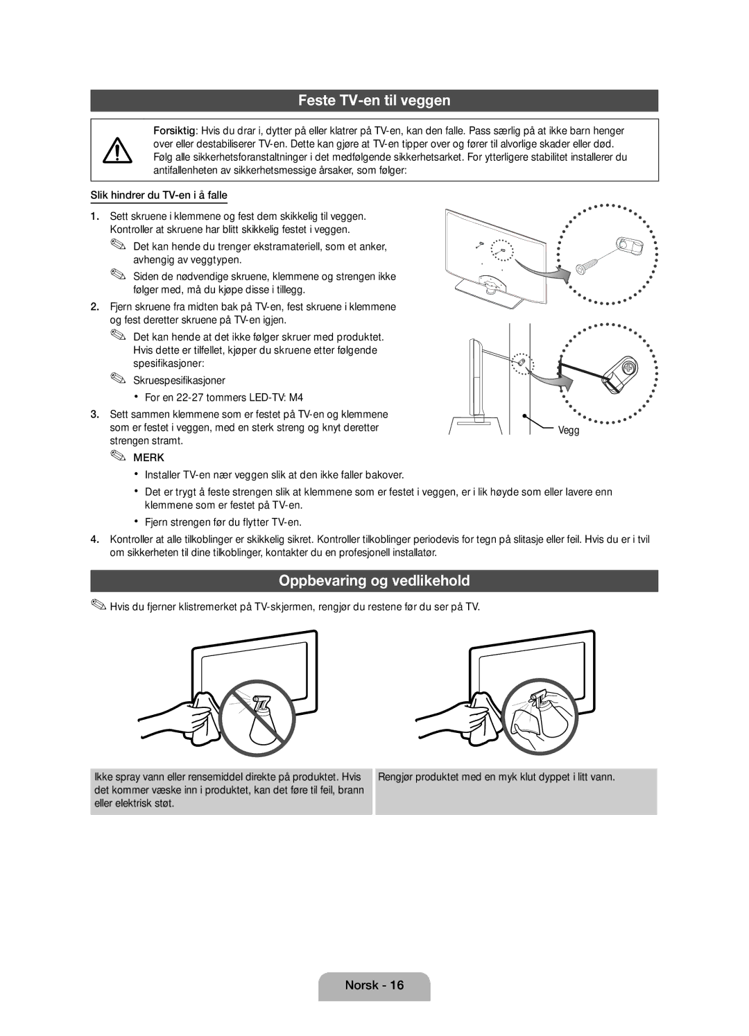 Samsung UE22D5005NWXXE, UE27D5005NWXXE, UE22D5015NWXXE Feste TV-en til veggen, Oppbevaring og vedlikehold, Strengen stramt 