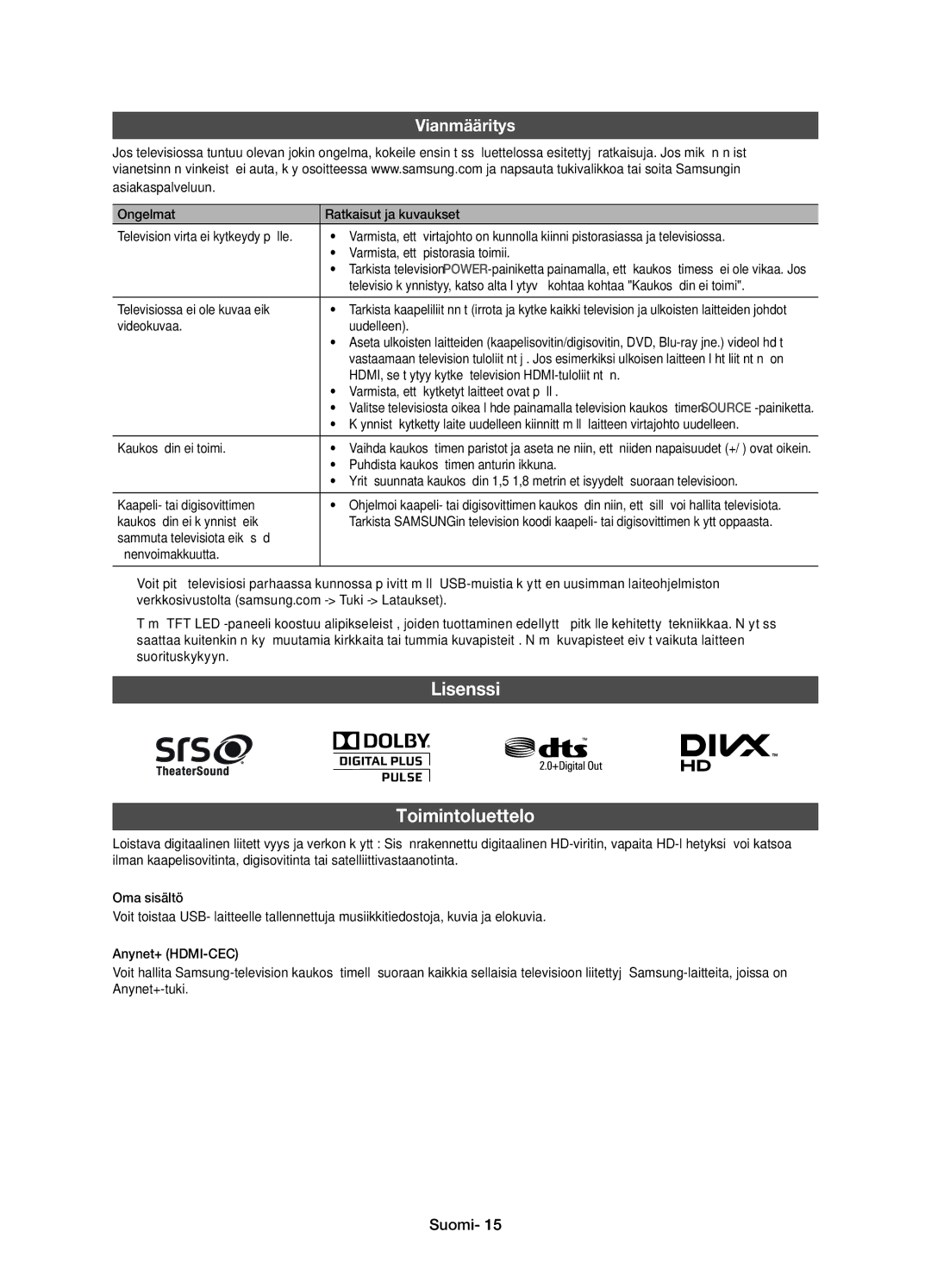 Samsung UE27D5015NWXXE, UE22D5005NWXXE, UE27D5005NWXXE, UE22D5015NWXXE manual Lisenssi Toimintoluettelo 