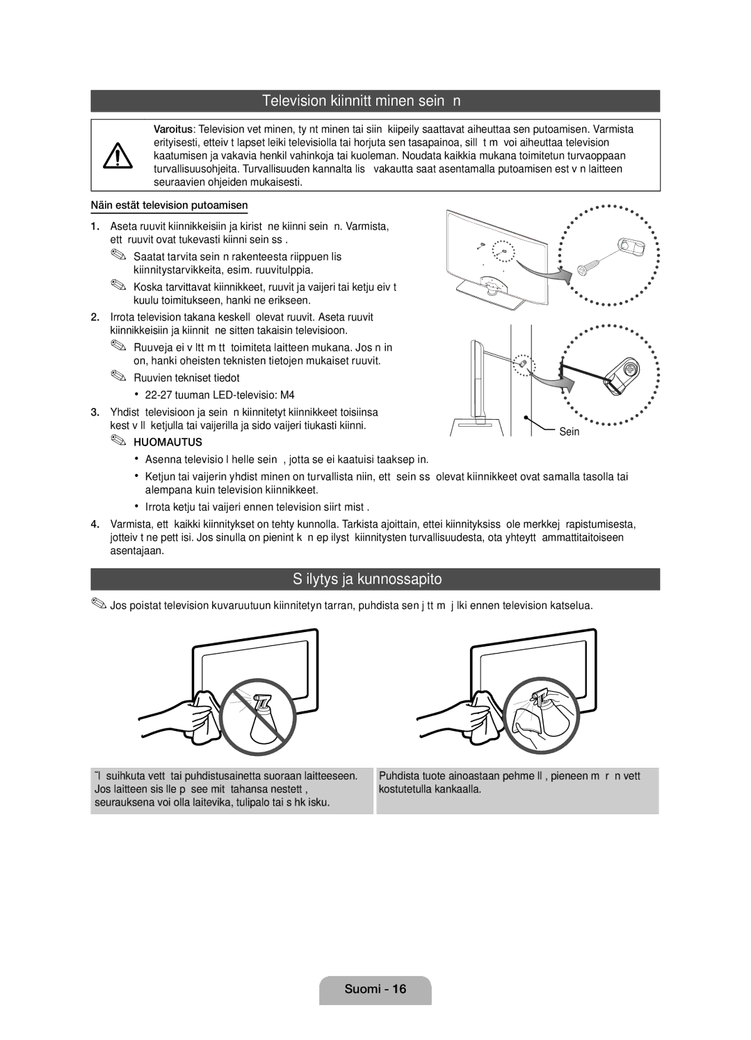 Samsung UE22D5005NWXXE, UE27D5005NWXXE, UE22D5015NWXXE manual Television kiinnittäminen seinään, Säilytys ja kunnossapito 