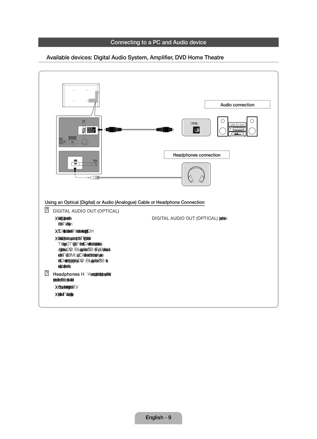 Samsung UE27D5005NWXXE, UE22D5005NWXXE, UE22D5015NWXXE, UE27D5015NWXXE Connecting to a PC and Audio device, Audio connection 