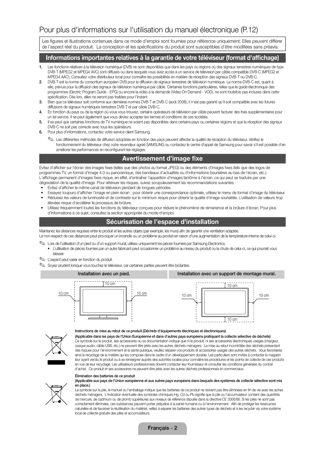 Samsung UE22D5020NWXXC Avertissement d’image fixe, Sécurisation de l’espace d’installation, Installation avec un pied 