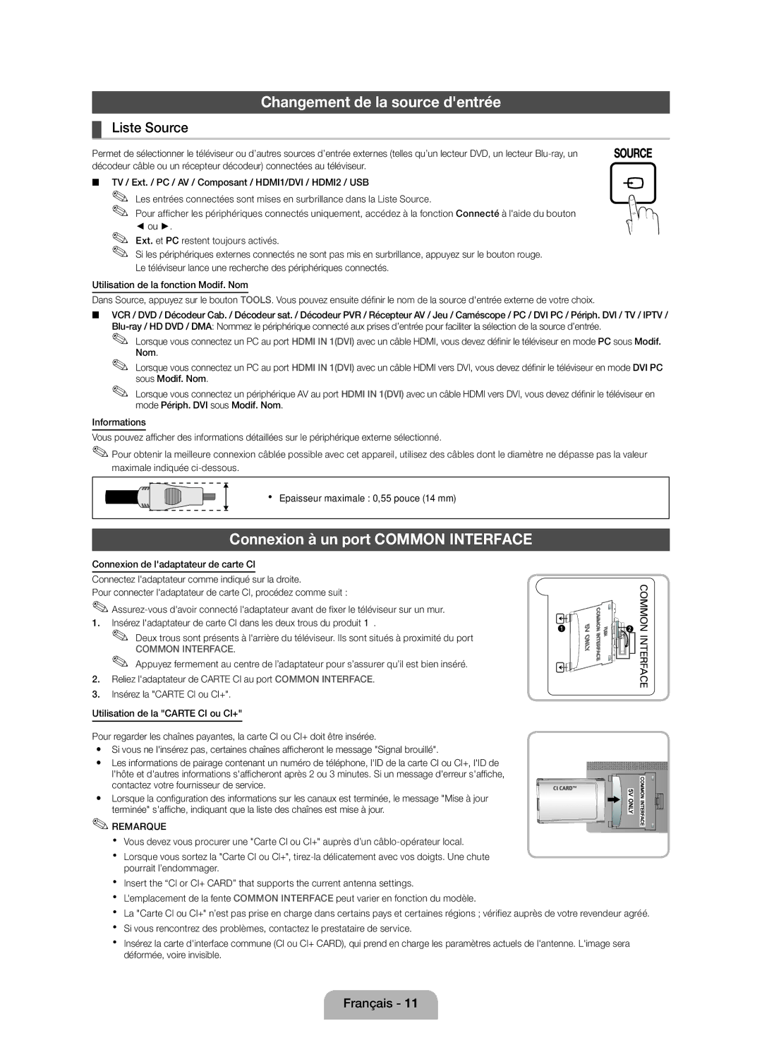 Samsung UE27D5000NWXXC Changement de la source dentrée, Connexion à un port Common Interface, Liste Source, Mise à jour 