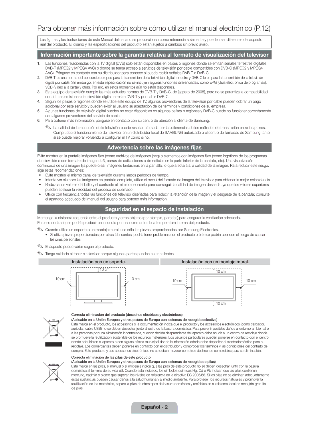 Samsung UE27D5010NWXZT, UE22D5010NWXZG, UE27D5010NWXXC manual Instalación con un soporte, Instalación con un montaje mural 