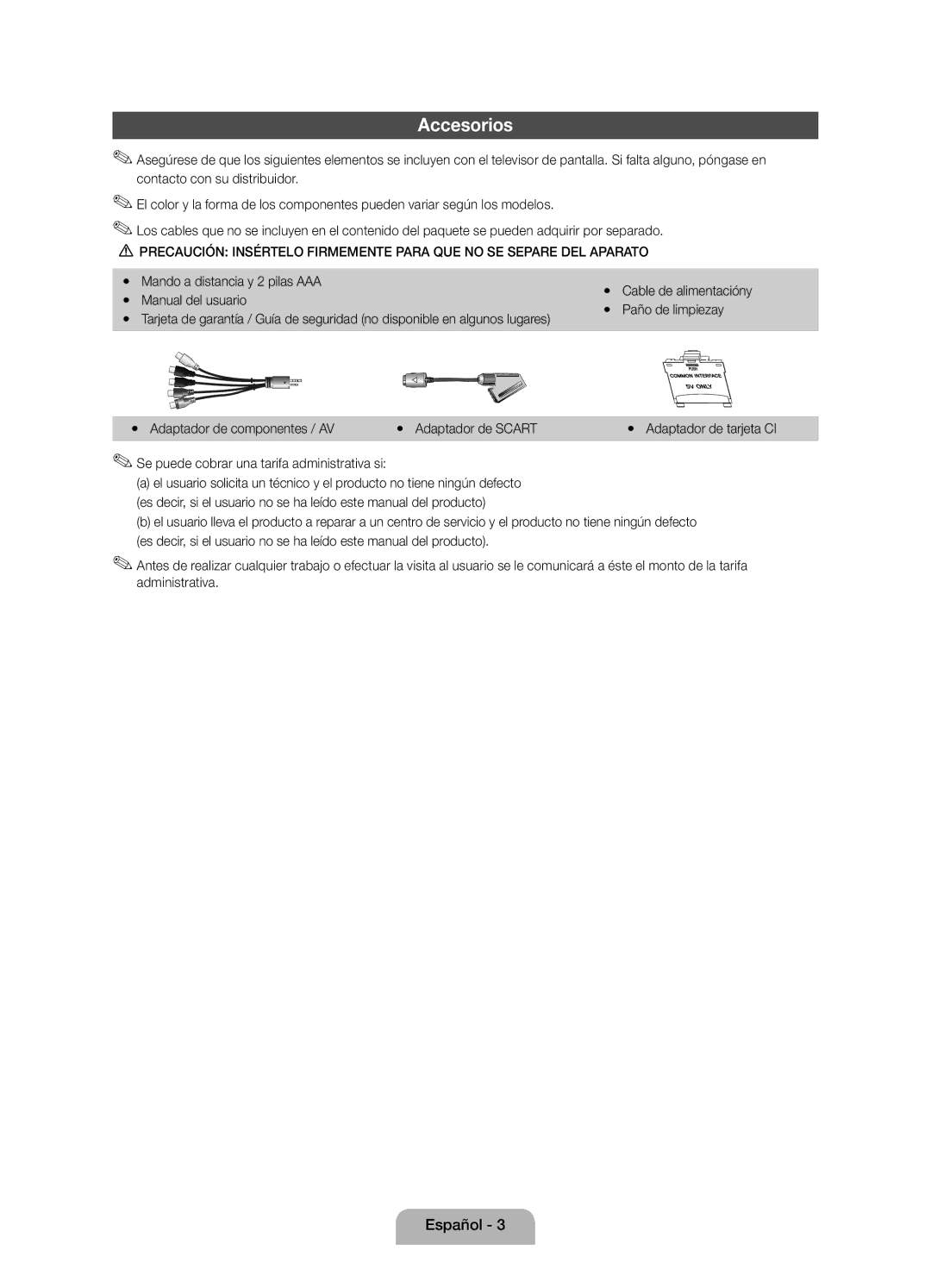 Samsung UE22D5010NWXBT, UE22D5010NWXZG, UE27D5010NWXXC, UE22D5000NWXXC, UE27D5000NWXZT, UE27D5010NWXZT manual Accesorios 