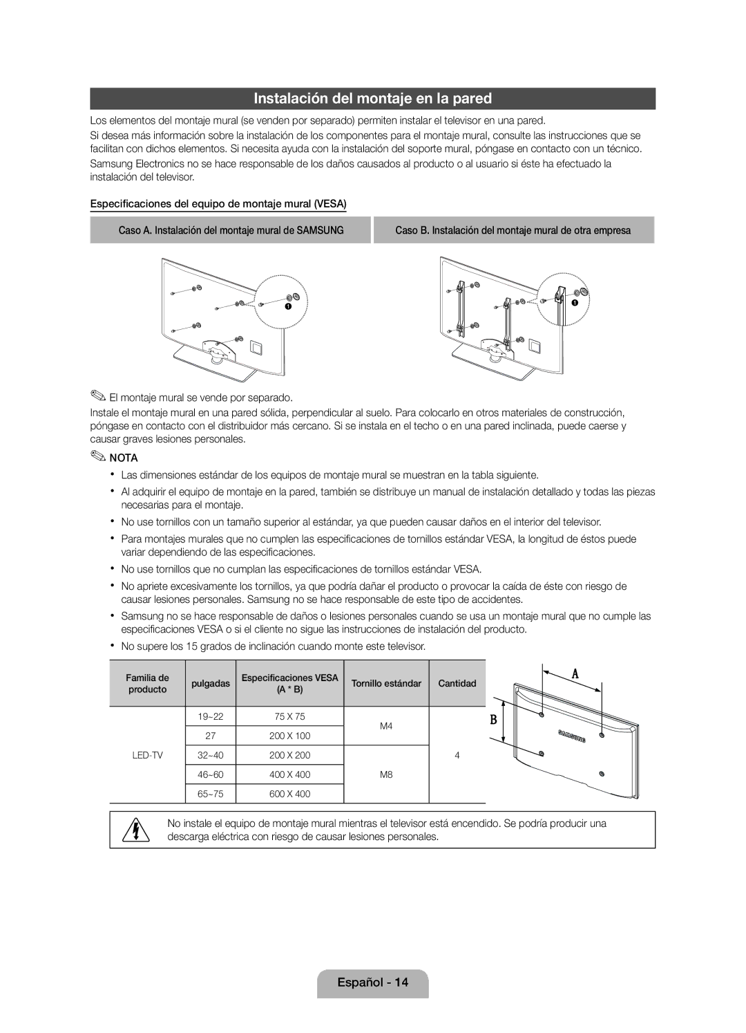 Samsung UE22D5010NWXXC, UE22D5010NWXZG manual Instalación del montaje en la pared, Familia de Pulgadas Especificaciones 