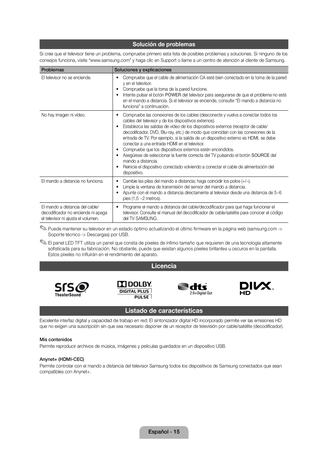 Samsung UE27D5000NWXXC, UE22D5010NWXZG, UE27D5010NWXXC, UE22D5000NWXXC, UE27D5000NWXZT Licencia Listado de características 