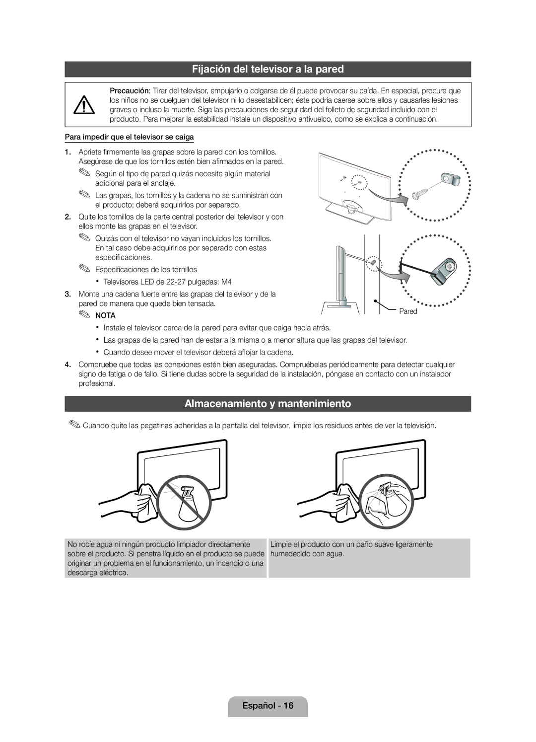 Samsung UE22D5020NWXXC manual Fijación del televisor a la pared, Almacenamiento y mantenimiento, Adicional para el anclaje 