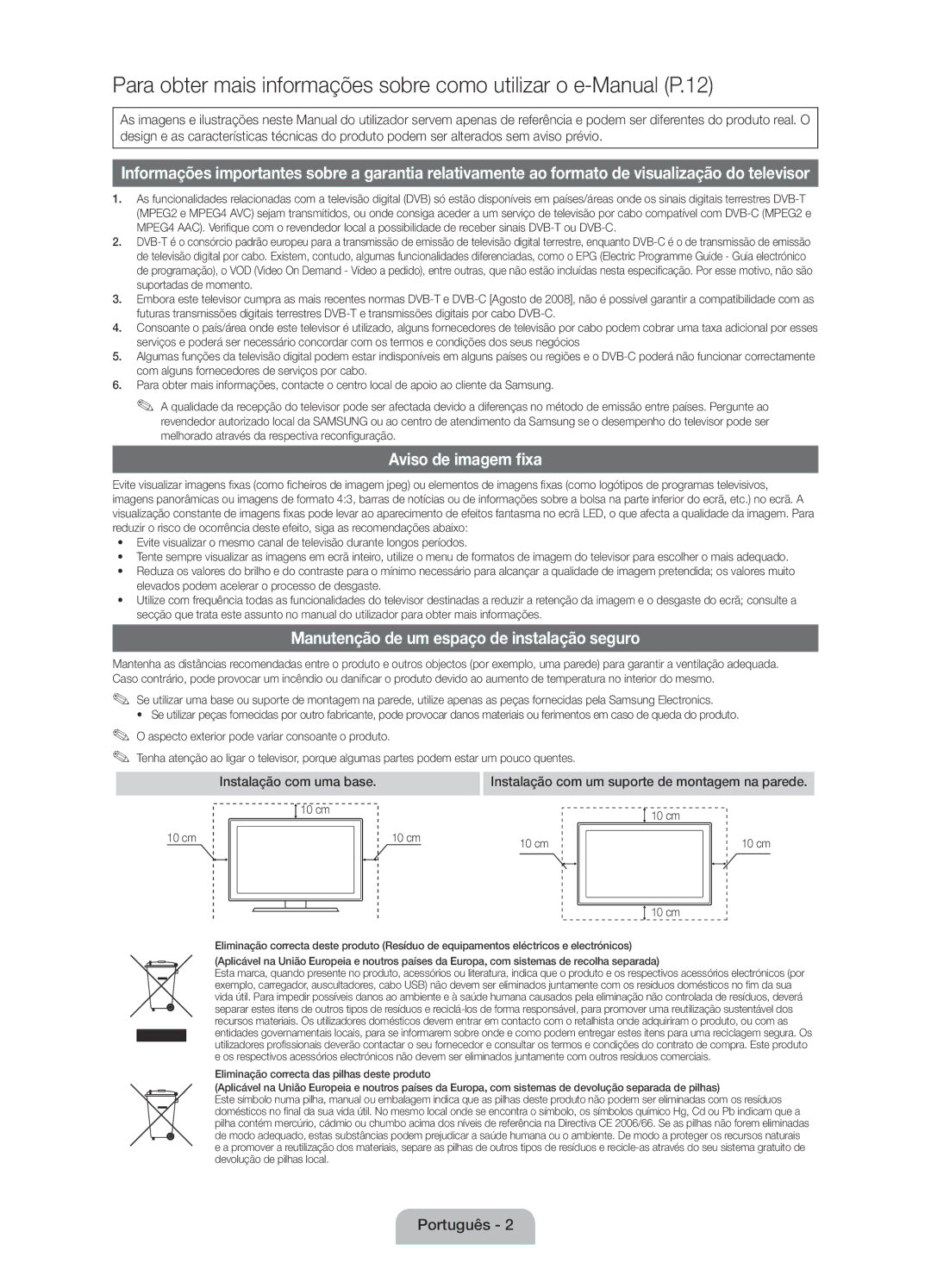 Samsung UE22D5010NWXZG, UE27D5010NWXXC manual Instalação com uma base, Instalação com um suporte de montagem na parede 