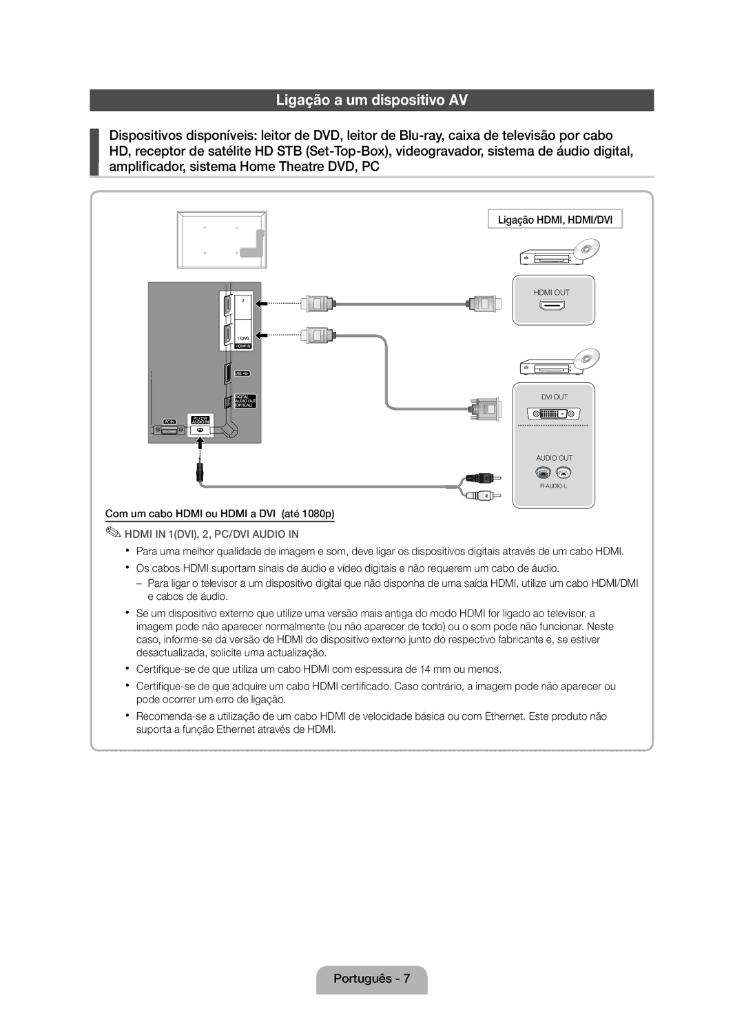 Samsung UE22D5010NWXBT manual Ligação a um dispositivo AV, Ligação HDMI, HDMI/DVI, Com um cabo Hdmi ou Hdmi a DVI até 1080p 