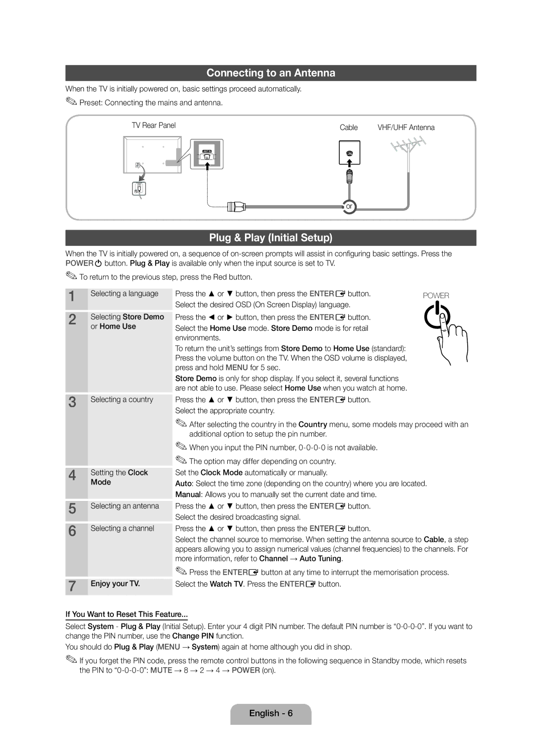 Samsung UE22D5010NWXXC, UE22D5010NWXZG, UE27D5010NWXXC Connecting to an Antenna, Plug & Play Initial Setup, Or Home Use 