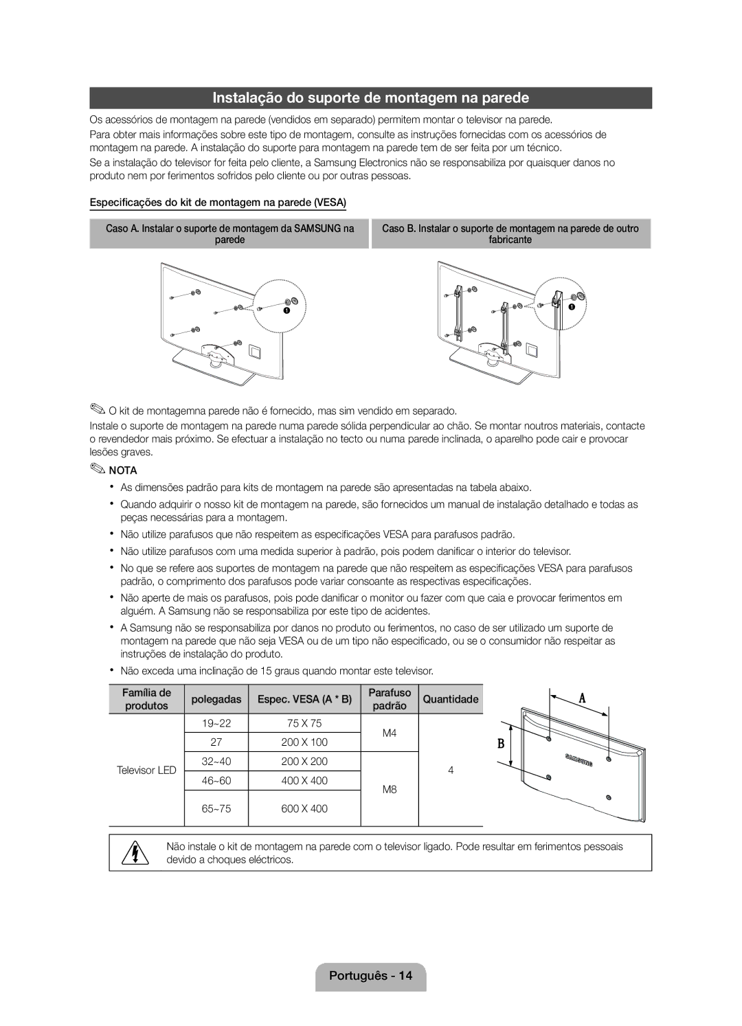 Samsung UE22D5000NWXXC Instalação do suporte de montagem na parede, Caso A. Instalar o suporte de montagem da Samsung na 