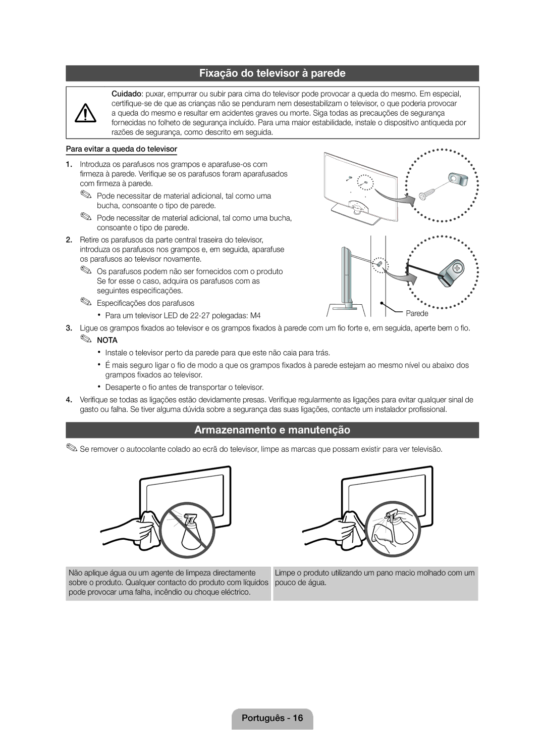 Samsung UE27D5010NWXZT, UE22D5010NWXZG, UE27D5010NWXXC manual Fixação do televisor à parede, Armazenamento e manutenção 