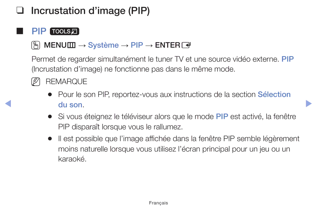 Samsung UE19ES4000WXZF, UE22ES5000WXZF, UE26EH4000WXZF, UE46EH5000WXZF manual Incrustation d’image PIP, PIP t, Du son 