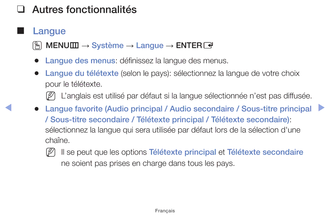 Samsung UE32EH5000WXZF, UE22ES5000WXZF, UE26EH4000WXZF, UE46EH5000WXZF, UE32EH4000WXZF manual Autres fonctionnalités, Langue 