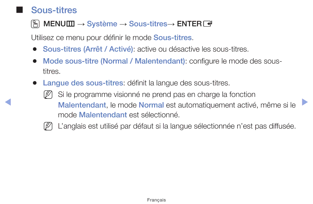 Samsung UE32EH4000WXZF, UE22ES5000WXZF manual OOMENUm → Système → Sous-titres→ Entere, Mode Malentendant est sélectionné 