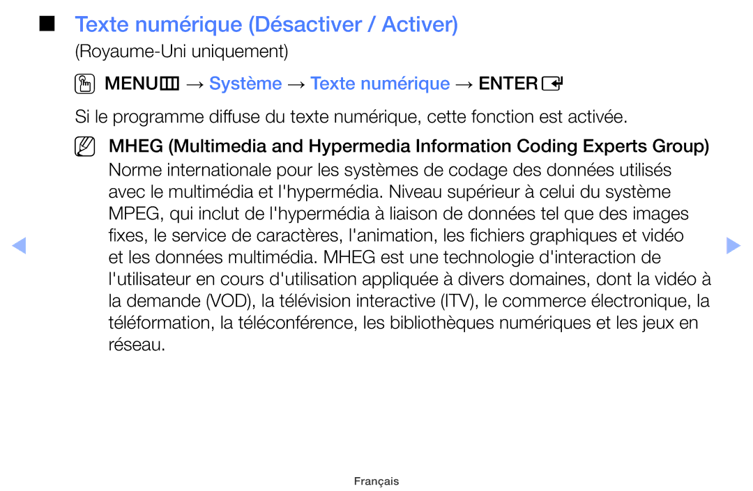 Samsung UE40EH5000WXZF, UE22ES5000WXZF, UE26EH4000WXZF manual Texte numérique Désactiver / Activer, Royaume-Uni uniquement 